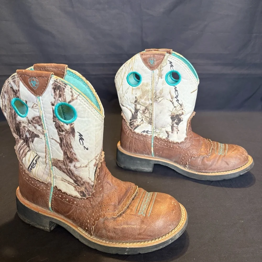 Ariat Fatbaby Youth 6.5B Western Pull-On Boots Brown Camo Teal Accents 10009503